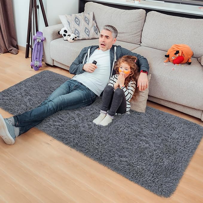 Grey Runner Rug for Bedroom Black Grey 2x5ft Fluffy Area Rug Bedside Runner Rug - Image 3