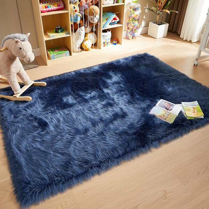 AMTOVO Faux Fur Sheepskin Rug for Living Room, 4 x 6 ft Dark Blue Fluffy Area - Image 3