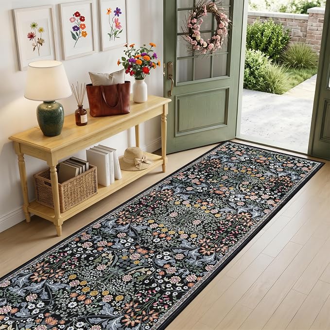 PLHXFR 2.6x10 Washable Runner Rug：Floral Indoor Kitchen Carpet Dark Black | - Image 2