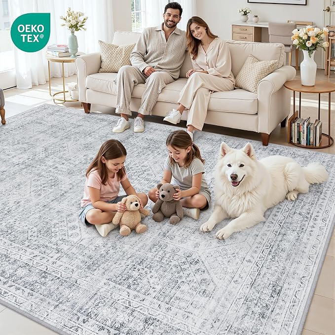 6x9 Area Rugs Living Room: Bedroom Neutral Washable Carpet Gray | Vintage Boho - Image 8