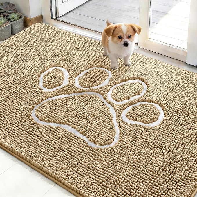 OLANLY Dog Door Mat for Muddy Paws 48x30, Paw Print Design Chenille Mud Mat | by OLANLY