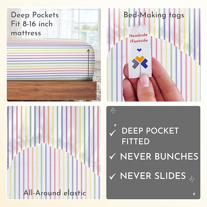 California Design Den Rainbow Striped King Size Sheets Set - Luxury 400 Thread Count Sateen, Natural 100% Cotton Sheets, Deep Pockets, Cooling and Durable Bedding Set - Rainbow Striped