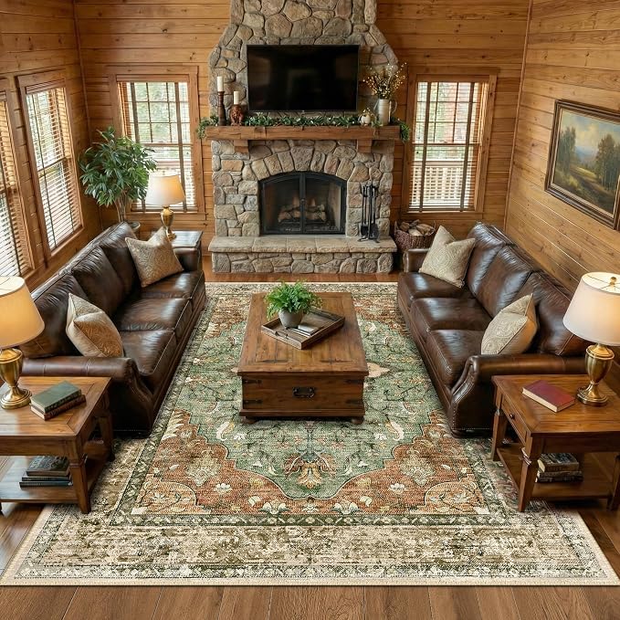 RELEANY Washable Area Rug, Large 10'x12', Brick/Brown/Green | Non-Slip - Image 2