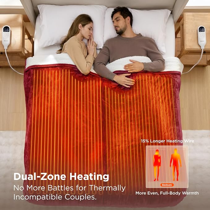 Bedsure Heated Blanket Queen Size, Dual Control Electric Blanket, Burgundy | - Image 3