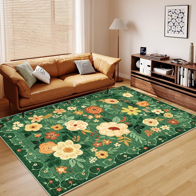 DUKINO 8x10 Area Rugs, Floral Washable Living Room Rug Non Slip, Dark Green | - Image 8