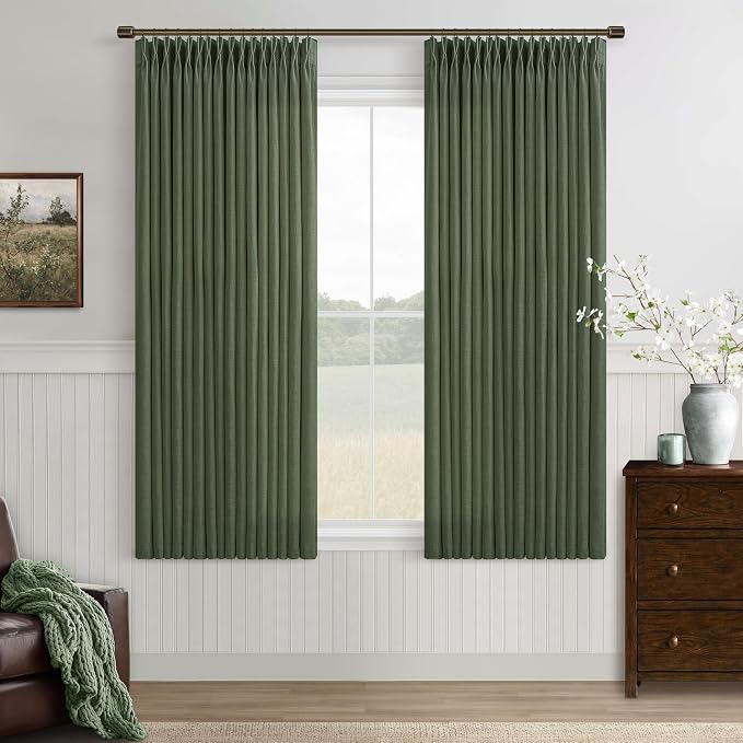 Green 63 Inch Pinch Pleat Linen Light Filtering Farmhouse Curtains 2 Panels | by Twodrapes