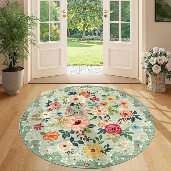 DUKINO 4ft Round Rug, Floral Washable Small Round Area Rug Non Slip, Low Pile - Image 5