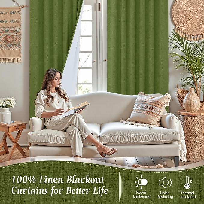 45 Inch Sage Green 100% Blackout Linen Curtains - Image 2