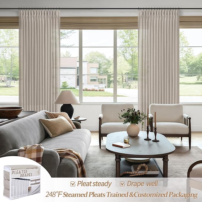 Pleated Greyish Brown Light Filtering 102 Inch Long Curtains 2 Panels Set - Image 5