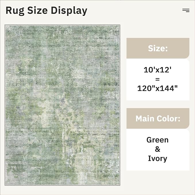 Soalmost 10x12 Area Rugs for Living Room Washable Rug Abstract Green/Ivory | - Image 5