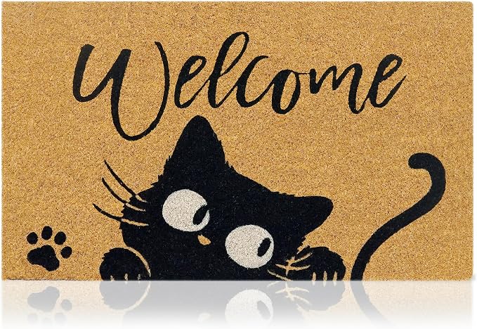 Coir Welcome Mat, Welcome Cat, 17 x 29 in | 100% Natural Coir, Anti-Shedding by AmaruDoorMats