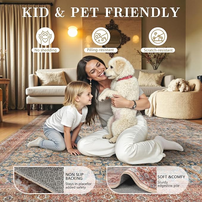 5x7 Area Rugs - Washable Vintage Retro Living Room Rug, Soft Ultra Thin Non - Image 5