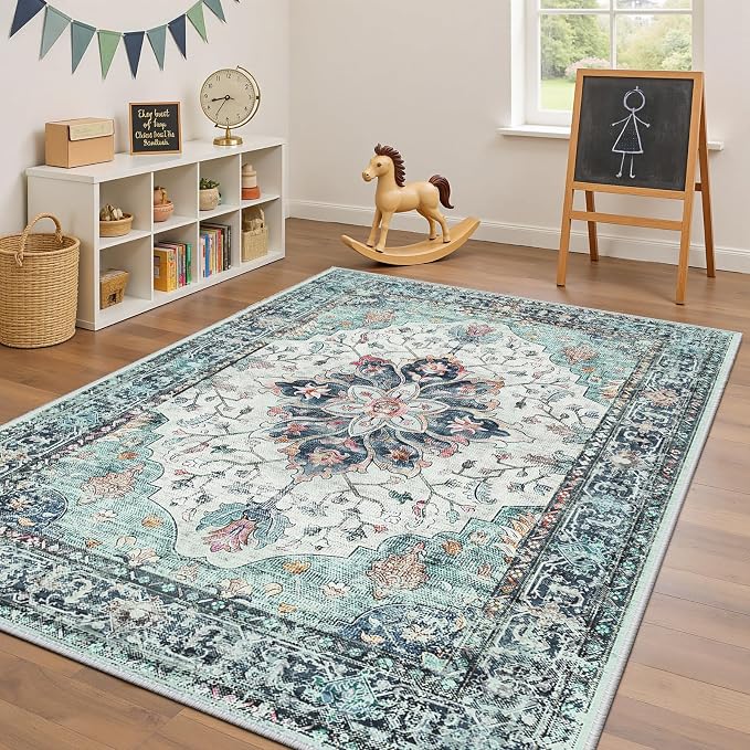 RELEANY Washable Area Rug, Teal Green/White/Navy | Non-Slip, Water Repellent - Image 4