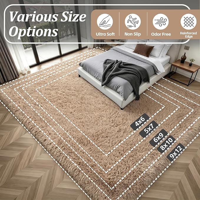 Area Rug Living Room Bedroom: 4x6 Fluffy Plush Shag Carpet Beige | - Image 9