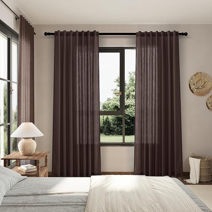 Coffee Linen Blend Drapes 84 Inch Length 2 Panels Set Back Tab Rod Pocket Light - Image 6