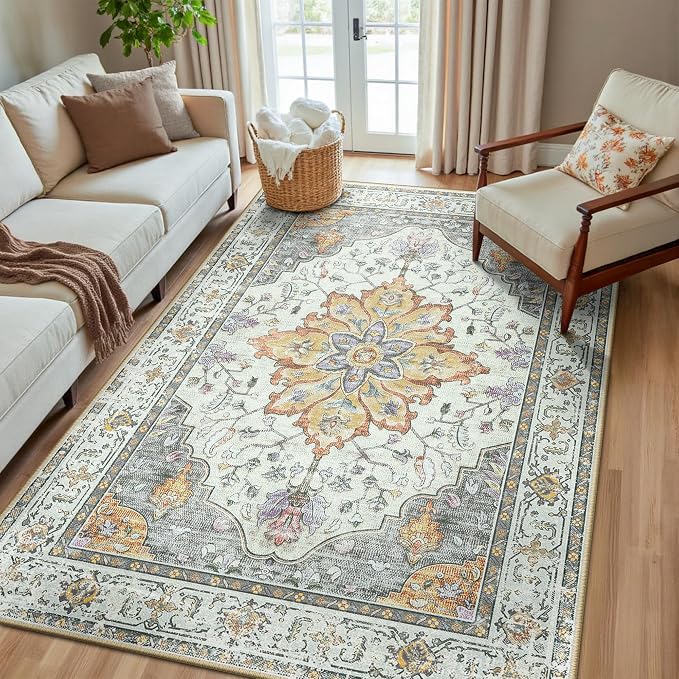 RELEANY Washable Area Rug, Water Repellent, Pet Friendly, Vintage Floral Boho by RELEANY