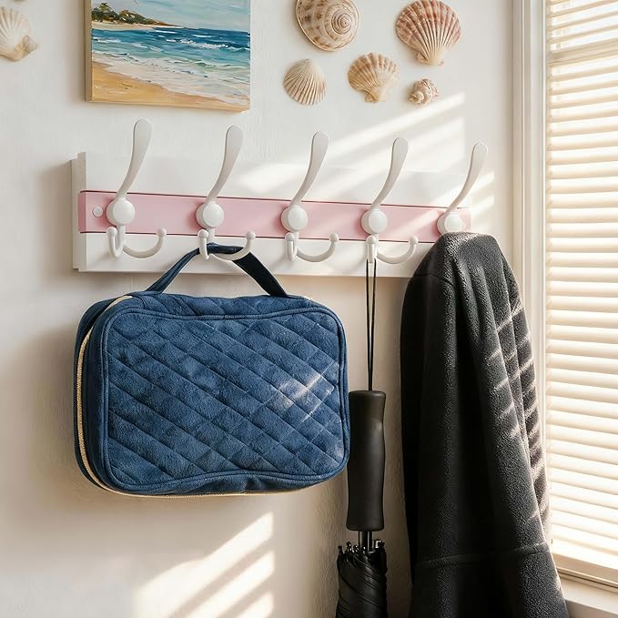 SKOLOO Coastal Wall Mounted Coat Rack - 17" Beach House Entryway Wooden Coat Hook with 5 Hooks for Hanging Coats, Hats or Towels, Oceanfront Cottage Core Collection, White & Palm Beach Pink, Pack of 2