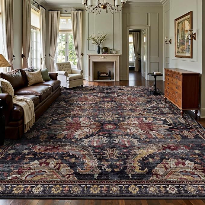 8x10 Area Rugs, Vintage Retro Soft Washable Rug, Non-Slip Low Pile Rugs by Yarooge