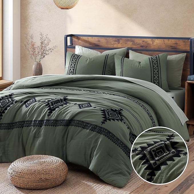 MaiRêve Olive Green Embroidery Comforters Set Queen Size - 7 Pieces, Farmhouse Western Bedding All Season Bed in A Bag Queen, Boho Comforter Set with Sheets, Pillowcases & Shams