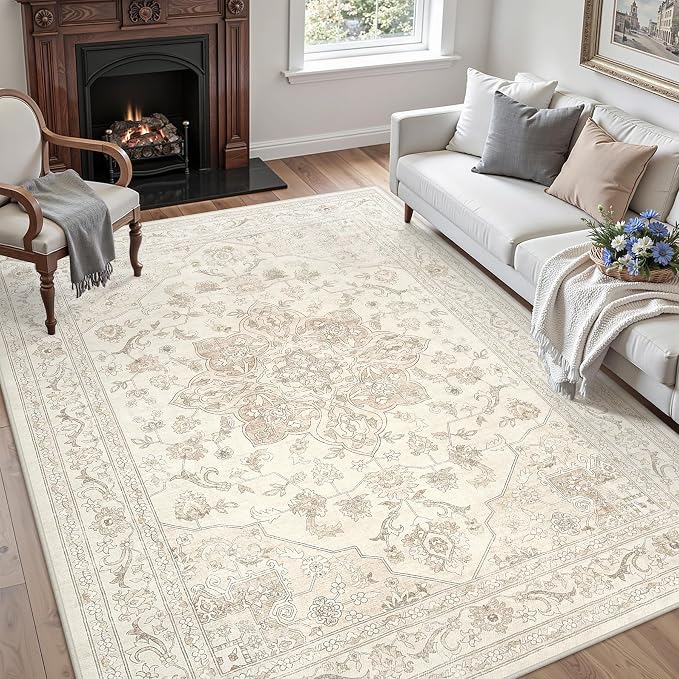 6x9 Area Rugs Living Room: Bedroom Washable Carpet Beige White | Vintage Boho - Image 3