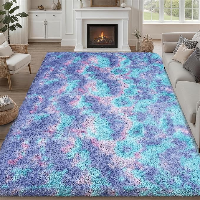 8x10 Area Rug Living Room Bedroom: Fluffy Plush Shag Carpet Rainbow by Luxturiy