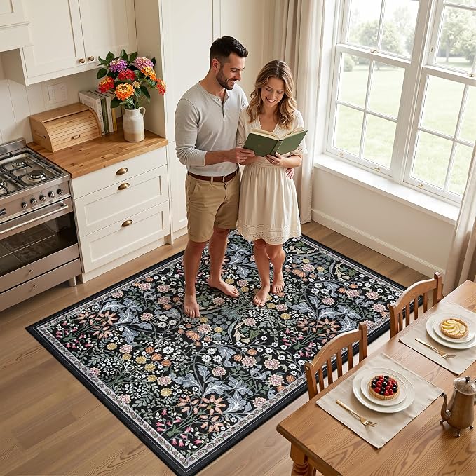PLHXFR Area Rug Living Room: 3x5 Floral Washable Boho Carpet Dark Black | - Image 3