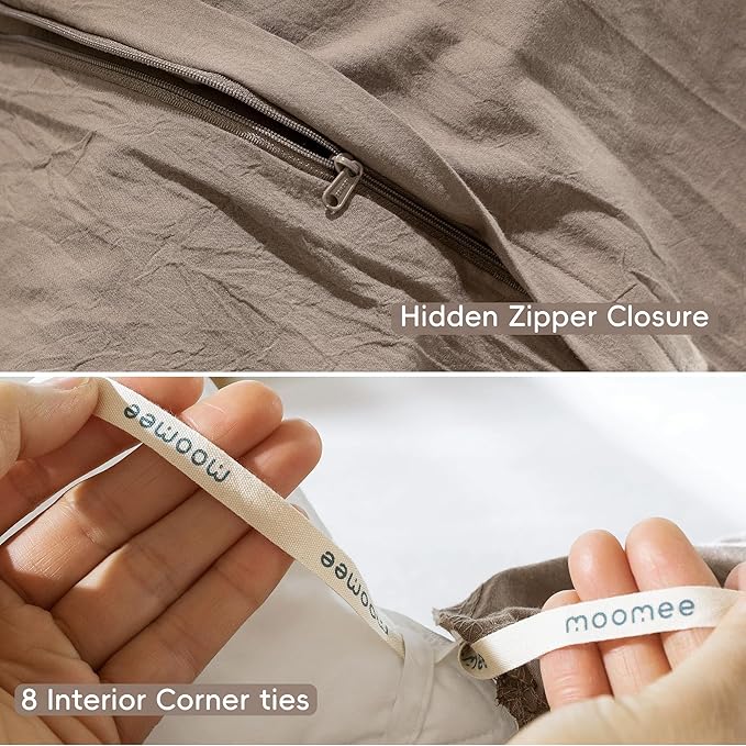 MooMee Bedding Duvet Cover Set 100% Washed Cotton Linen Like Textured Breathable Durable Soft Comfy (Solid Brown, Oversized King Plus 128"x120")