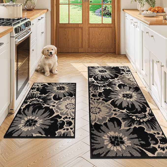Findosom Washable Kitchen Rug Set of 2, Non Slip High-Low Textured Floral by Findosom