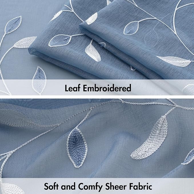 MIULEE Dusty Blue Sheer Curtains 2 Panels Leaf Patterned, W52 x L84 | - Image 4