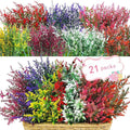 21 Bundles Faux Plants Outdoor Fake Flowers Artificial Flowers Fake Shrubs Greenery Bushes Bouquet UV Resistant Faux Bushes Plastic for Home Garden Decor (7 Colors)