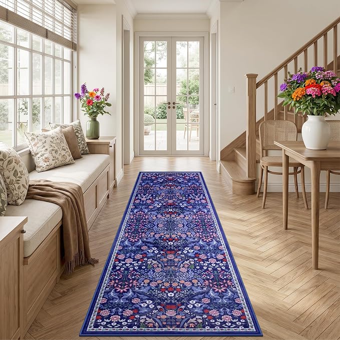 PLHXFR 3x10 Washable Runner Rug：Floral Indoor Kitchen Soft Carpet Blue | - Image 3
