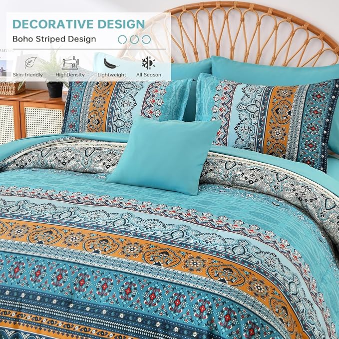 Boho Full Comforter Set 8 Pieces,Teal and Yellow Bohemian Comforter Paisley Striped Bed in A Bag,Soft Microfiber Bedding Set for All Season