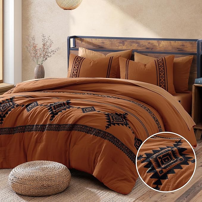 MaiRêve Burnt Orange Embroidery Comforter Set King Size - 7 Pieces, Farmhouse Western Bedding Sets All Season, Boho Bed in A Bag King with Sheets, Comforters, Pillowcases & Shams