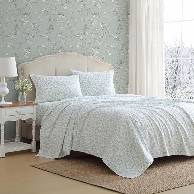 Laura Ashley - Flannel Sheets Twin Size, Anti-Pilling & Wrinkle Resistant Cotton, Touchably Soft for All-Season Comfort - Bed Sheets with Matching Pillowcase & Fitted Sheet (Brinna Green)