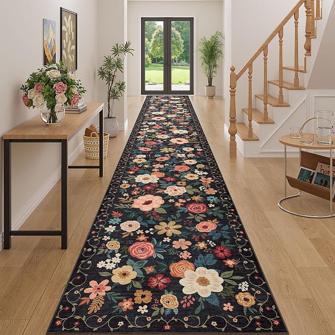 DUKINO 3x20 Runner Rug for Hallway, Floral Washable Long Runner Rug, Low Pile by DUKINO