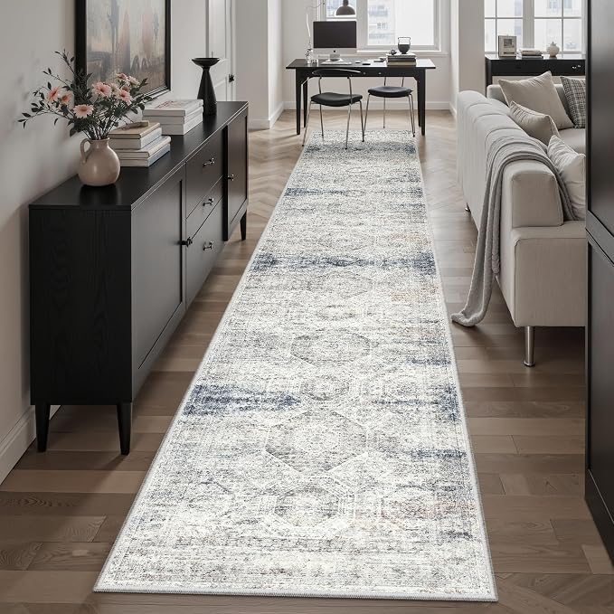 Soalmost Runner Rug 2x12 Washable Hallway Kitchen Runners Blue/Ivory | Non-Slip - Image 3
