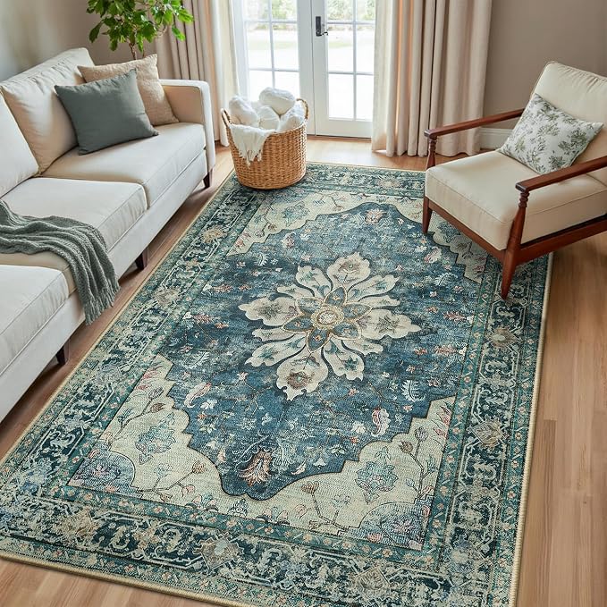 RELEANY Washable Area Rug, Water Repellent, Pet Friendly, Vintage Floral Boho by RELEANY
