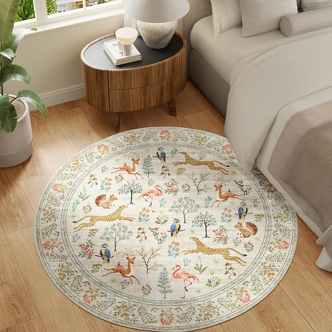 DUKINO 5ft Round Rug, Washable Animal Non Slip Circle Area Rug, Non-Shedding - Image 4