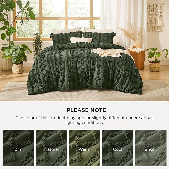 Bedsure Tufted Boho Comforter Set King Size - Olive Green Boho Bed Set, GentleSoft™ 3 Pieces Farmhouse Shabby Chic Embroidery Bedding, Gifts for Woman, Soft Jacquard King Comforter for All Seasons
