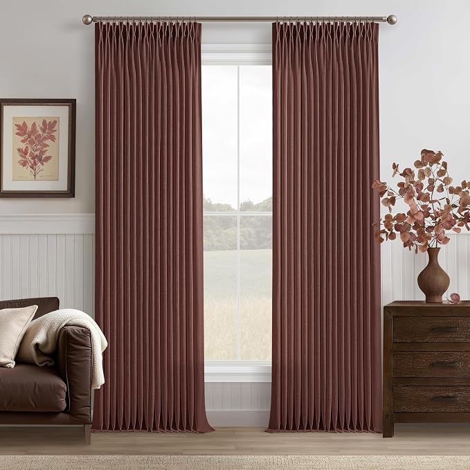 Chestnut Brown Thick Linen Pleated Light Filtering Curtains 96 Inch Long | by Twodrapes