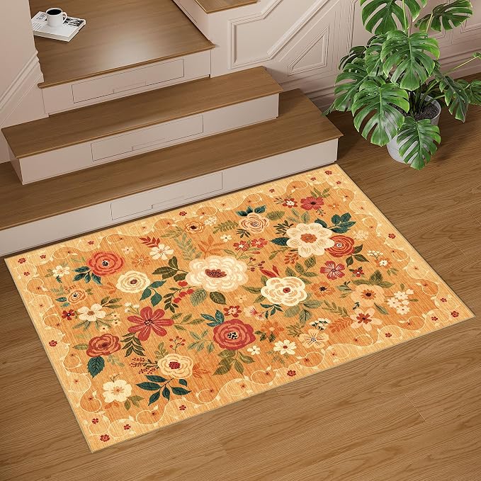 DUKINO 2x3 Entryway Rug, Floral Door Mat Soft Washable Rug Non Slip, - Image 9