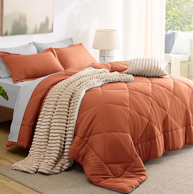 Bedsure Twin Comforter Set - 5 Pieces Reversible Burnt Orange Bedding, Twin Size Bed Set for All Seasons, Bed in a Bag with Down Alternative Comforter, Sheets, Pillowcase & Sham