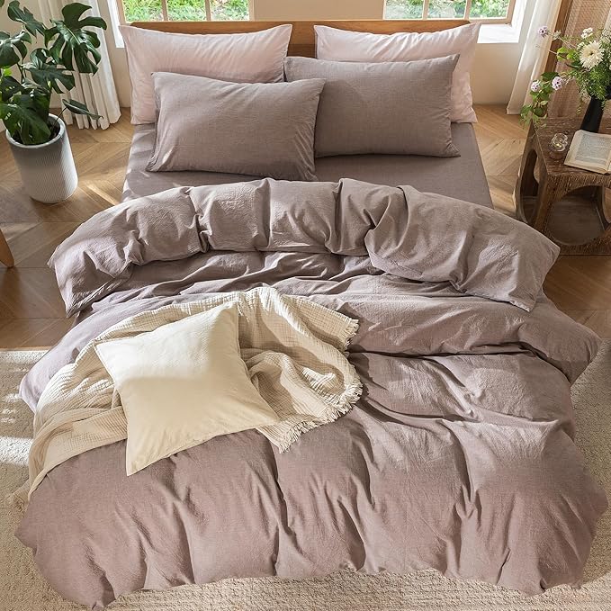 MooMee Bedding Duvet Cover Set 100% Washed Cotton Linen Like Textured Breathable Durable Soft Comfy (Heathered Mauve Brown, Cal King 104"x98")