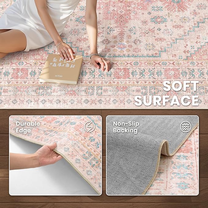 Pink Rugs for Bedroom-7x9 Area Rugs for Living Room, Girls Room | Washable Rugs - Image 6