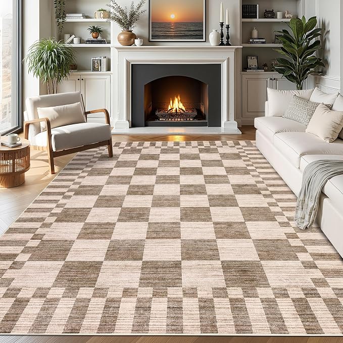 GarveeHome Brown Checkered Rug 5x7 Area Rugs Washable Living Room 5x7 Rug | by GarveeHome