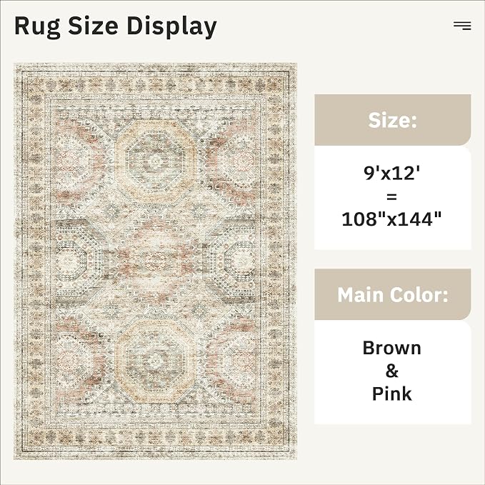 Soalmost 9x12 Area Rugs for Living Room Washable Rug Non-Slip Brown/Pink | - Image 3