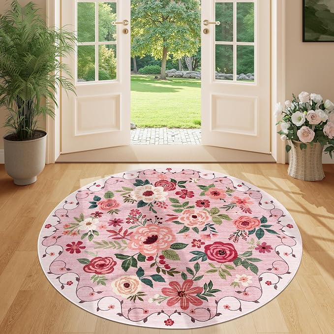 DUKINO 4ft Round Rug, Floral Washable Small Round Area Rug Non Slip, Low Pile - Image 5