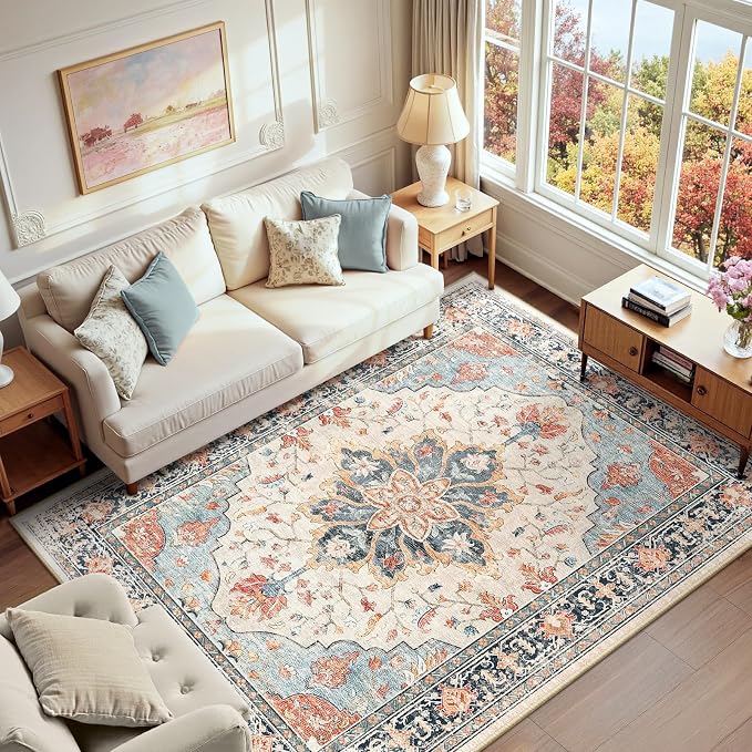 RELEANY Washable Area Rug, Water Repellent, Pet Friendly, Vintage Floral Boho by RELEANY
