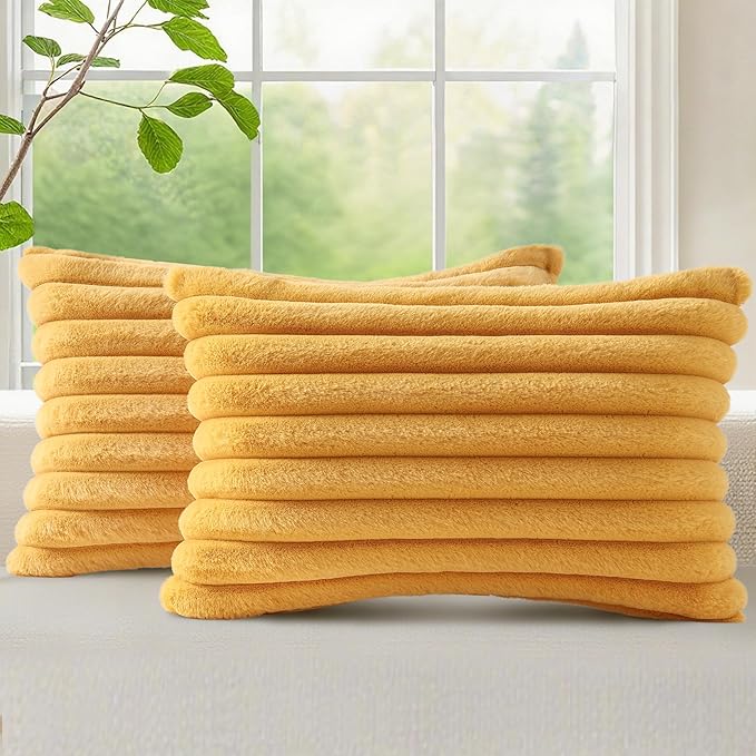 decorUhome Fall Faux Fur Throw Pillow Covers 12x20 Set of 2 Mustard Yellow | by decorUhome