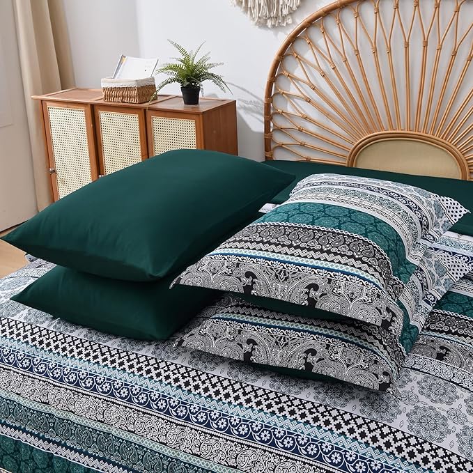 Cottolester Boho Comforter Set Queen Size,8 Pieces Emerald Green Bohemian Striped Bed in a Bag,Paisley Soft Microfiber Bedding Comforter Set